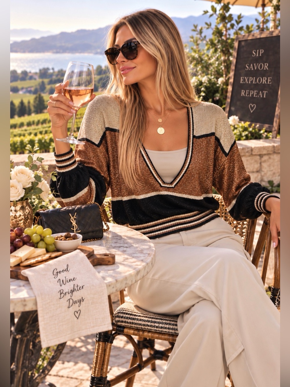 Free People Metallic Colorblock Deep V Neck Sweater Black Bronze Gold